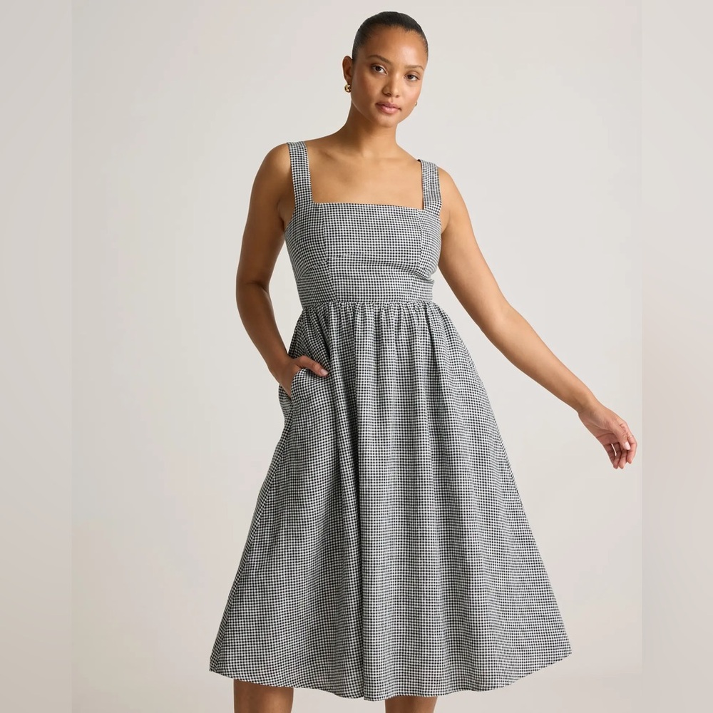 Gingham Square-Neck Midi Dress in Black and White